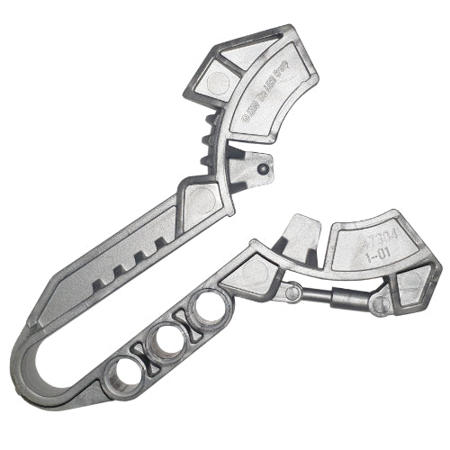 Silver LEGO Bionicle Kanoka Disk Launcher, part 47304, shown open with its two articulated halves and molded details.