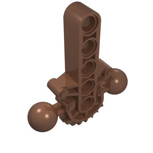 Brown LEGO Bionicle lower torso (47306) featuring two ball joints, a 7-tooth half gear, and integrated Technic pin holes.