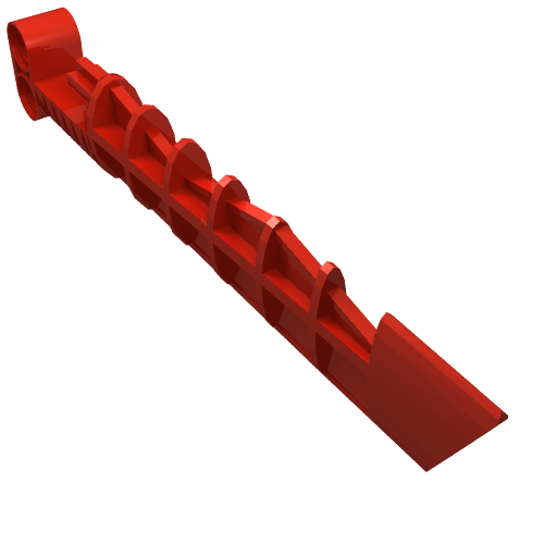 A red LEGO Bionicle Weapon Aero Slicer (part 47314) shown at an angle, featuring a segmented body and a blade.