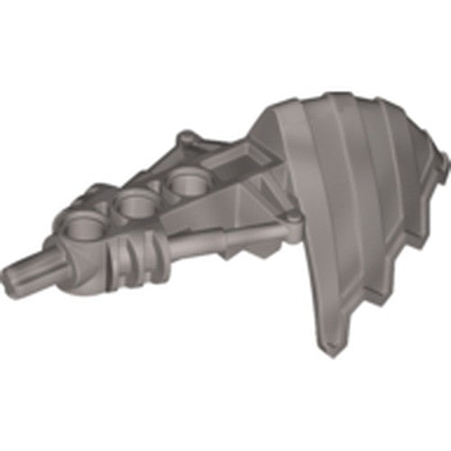 Grey LEGO Bionicle Weapon Earthshock Drill Claw part 47315, featuring a shaft and a ribbed claw/shield structure.
