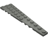 A grey LEGO 47398 Wedge Plate 12 x 3 Right, featuring studs, viewed from an angled perspective.