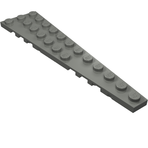 A grey LEGO 47398 Wedge Plate 12 x 3 Right, featuring studs, viewed from an angled perspective.