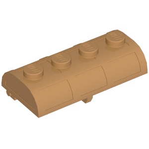 A tan LEGO 4739a Container, Treasure Chest Lid Curved with Thick Hinge, featuring four studs with LEGO logo on top.