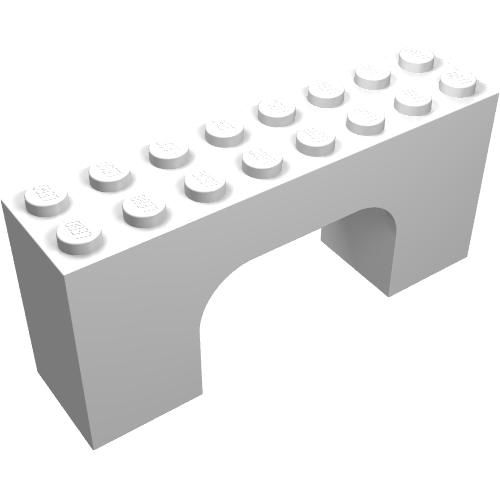 White LEGO Arch 2 x 8 x 3 brick, featuring 16 studs on top and a smooth archway underneath.