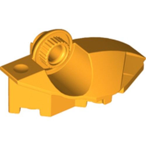 A single, gold LEGO 47430 Large Figure Foot with Rotation Joint Ball Half Vertical part on a white background.