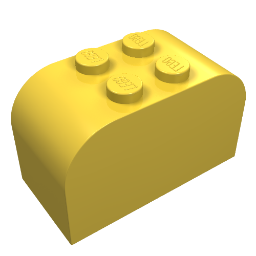 Yellow LEGO curved slope 4x2x2 double brick with four studs.