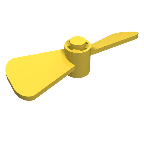 Yellow LEGO propeller with two twisted blades and a central hub with a ribbed top, against a white background.