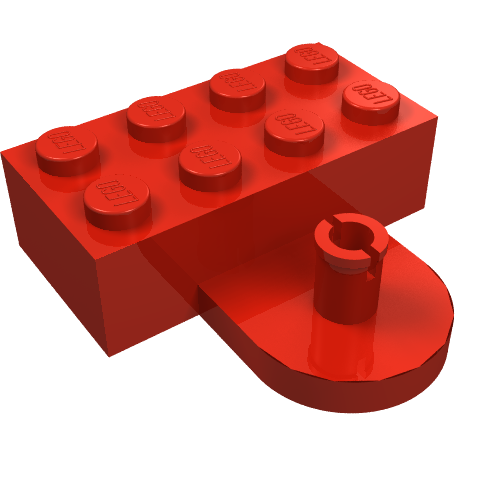 Red LEGO Brick, Modified 2 x 4 with 8 studs and a male coupling piece extending from the side.