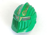 Close-up of a green LEGO Rascus large figure visor with gold scroll pattern, angled from the front-right.