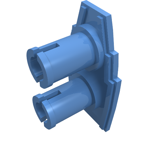 Light blue LEGO 47501 Vehicle Fairing 1x2 Stepped with Two Pins, featuring a rectangular base and two cylindrical pins.