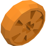An orange LEGO 47576 Sports Hockey Puck or small wheel, featuring faceted edges and a patterned center for attachment.
