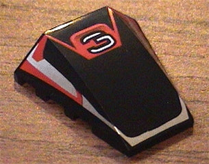 Black LEGO 4x4 triple curved wedge brick with no studs. Features a stylized white number 3 on red, bordered by red and silver stripes.
