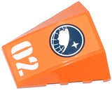 Orange LEGO 4x4 triple curved wedge piece with an Arctic Explorer logo and white '02' pattern.