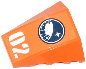 Orange LEGO 4x4 triple curved wedge piece with an Arctic Explorer logo and white '02' pattern.