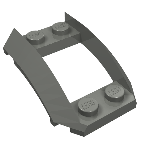 Dark grey LEGO 47755 wedge brick, 4x3 open with cutout and 4 studs on two separate plates.
