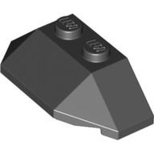 Close-up of a black LEGO 47759 Wedge 2 x 4 Triple element with two studs on top.