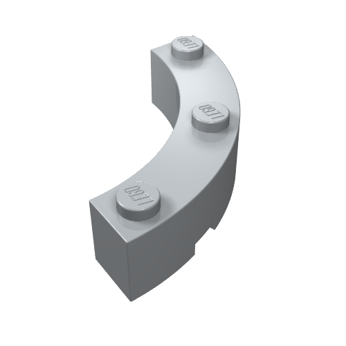 Light gray LEGO 4x4 round corner brick with 3 studs, also known as a macaroni brick, viewed from an angle.