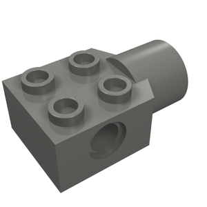 Grey LEGO Technic 2x2 brick with four studs, a pin hole, and a rotation joint socket on a white background.