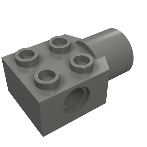 Grey LEGO Technic 2x2 brick with four studs, a pin hole, and a rotation joint socket on a white background.