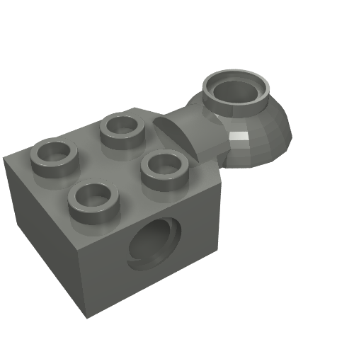A dark gray LEGO Technic Brick Modified 2x2 with four studs, a pin hole, and a horizontal rotation joint ball half.