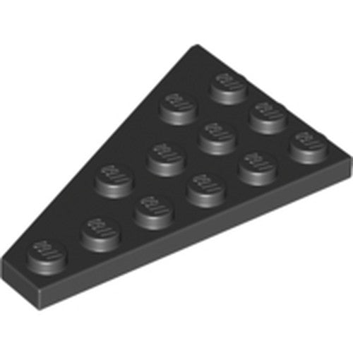 Black LEGO 48205 Wedge, Plate 6 x 4 Right. A black triangular LEGO plate with 12 studs on top.