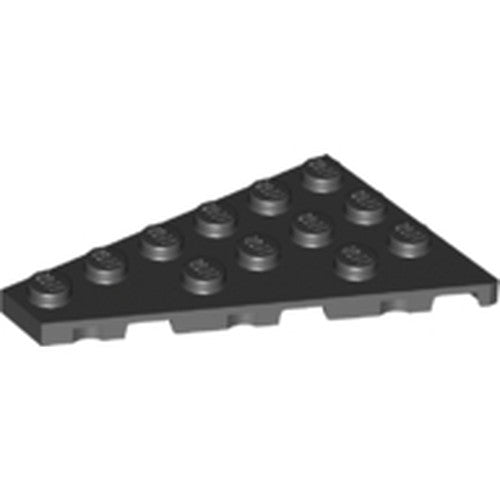 A black LEGO 48208 Wedge, Plate 6 x 4 Left with studs visible, angled diagonally on a white background.