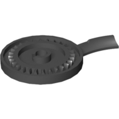 Dark grey LEGO 48290 Sports Minifigure Stand Hockey Shooter, Bottom part. Circular piece with spiral track, teeth, and handle.