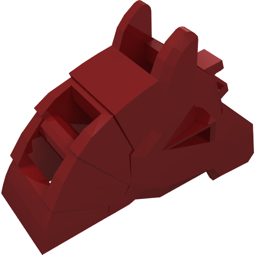 A dark red angular LEGO horse battle helmet piece, part 48492, with geometric details.