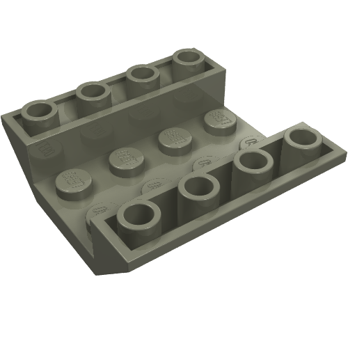 A grey LEGO 4854 inverted slope brick, 4x4 double, showing studs on the upper and lower surfaces.