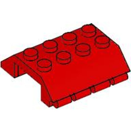 Red LEGO Slope 45 4 x 4 Double with Hinge part 4857, viewed from an angle on a white background.