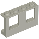 Light gray LEGO 4863 Window 1x4x2 frame with 4 studs, two top pin holes, and two rectangular openings.