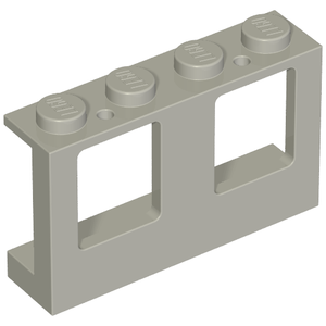 Light gray LEGO 4863 Window 1x4x2 frame with 4 studs, two top pin holes, and two rectangular openings.
