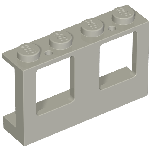 Light gray LEGO 4863 Window 1x4x2 frame with 4 studs, two top pin holes, and two rectangular openings.