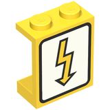 Yellow LEGO panel 1x2x2 with a white sign featuring a yellow lightning bolt symbol, indicating utility or electricity.