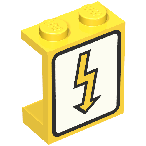 Yellow LEGO panel 1x2x2 with a white sign featuring a yellow lightning bolt symbol, indicating utility or electricity.