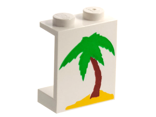 White LEGO Panel 1x2x2 with solid studs, featuring a green palm tree with a brown trunk on a yellow island.