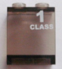 Smoky transparent LEGO panel 1x2x2 with two hollow studs, featuring white '1 CLASS' text printed on the front.