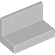Light gray LEGO Panel 1 x 2 x 1, an L-shaped brick with a 1x2 base and a 1-stud high wall, viewed at an angle.