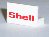 White LEGO 1x2x1 panel brick with the red 'Shell' logo printed on it, standing upright.