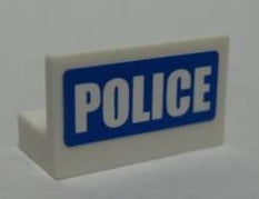 White LEGO 4865pb013 Panel 1x2x1 piece with a blue sticker displaying 'POLICE' in white capital letters.