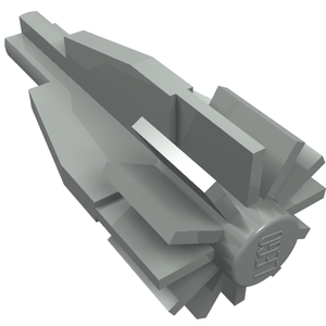 Light gray LEGO 4869 engine part with smooth sections, radiating fan blades, and an axle end featuring the LEGO logo.