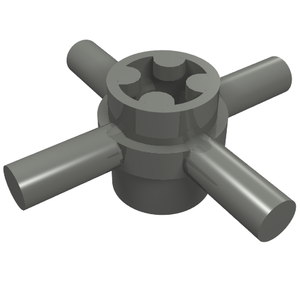 Dark gray LEGO Technic Axle Connector Hub with 4 bars and a central pin hole, viewed at an angle.