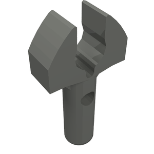 Dark gray LEGO 48729b Bar 1L with Clip Mechanical Claw, featuring cut edges on the claw and a hole on the side of the bar.