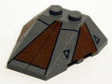 Grey LEGO 4x4 triple wedge plate with stud notches, featuring a dark brown and black Sith Nightspeeder pattern.
