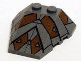 A dark grey LEGO Wedge 4 x 4 Triple with Stud Notches, featuring a Sith Nightspeeder Pattern 2 in dark brown and black.