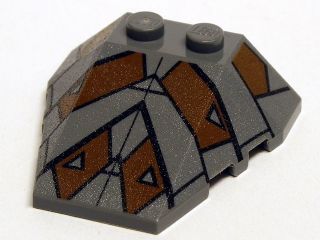 A dark grey LEGO Wedge 4 x 4 Triple with Stud Notches, featuring a Sith Nightspeeder Pattern 2 in dark brown and black.