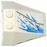 White LEGO 4x4 triple wedge, right, with blue ice splatters pattern, black line, and stud notches. From Set 70588.