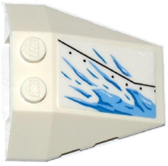White LEGO 4x4 triple wedge, right, with blue ice splatters pattern, black line, and stud notches. From Set 70588.