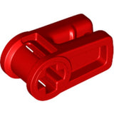 Red LEGO Technic Axle and Wire Connector part 49283, shown at an angle, featuring an axle hole and wire slot.