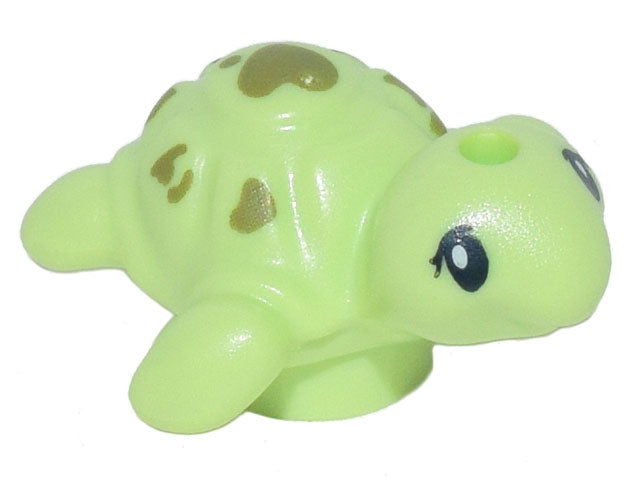 Light green LEGO baby turtle, Friends style, with olive green spots and black eyes.